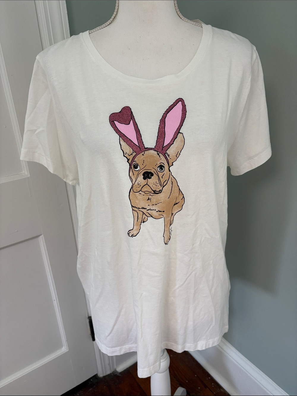 NWT J. Crew White Tee with Pink Bunny-Eared French Bulldog